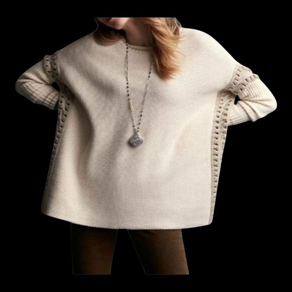 CAbi Slip Stitch Sweater S Oversized Chunky Knit Tunic Lagenlook Pullover Cream - Picture 1 of 16